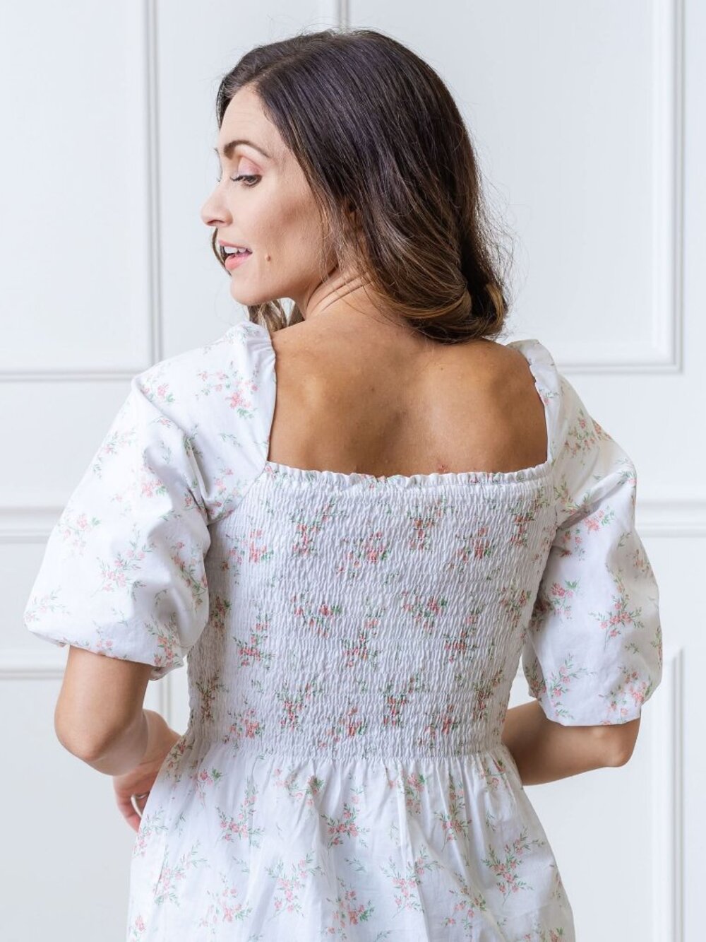 Hope & Henry Smocked Bubble Sleeve Organic Dress - Pink and Green Bouquet Floral - Picture 4 of 5